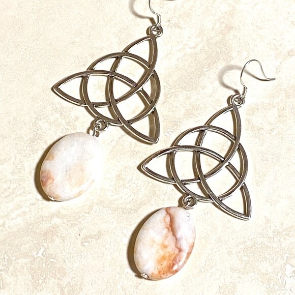 2/$20, Genuine Red Vein Marble Celtic Trinity Sterling Silver Dangle Earrings - Picture 2 of 9